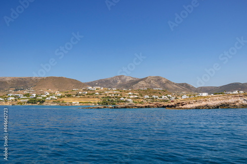 Paros island, Greece - June 2017: Beautiful seascape view cruising around Paros island. Panoramic summer scenery in Greece at Paros, Cyclades, Greece