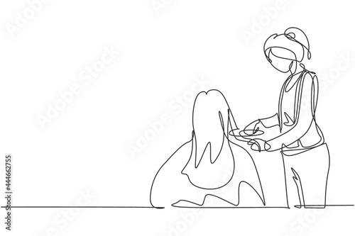 Single one line drawing model sitting while hairstyling in beauty salon. Wearing cape for hairdressing. Girl having dark, long, glancy, straight, brown hair. Hairdresser using hair flatter. Line draw