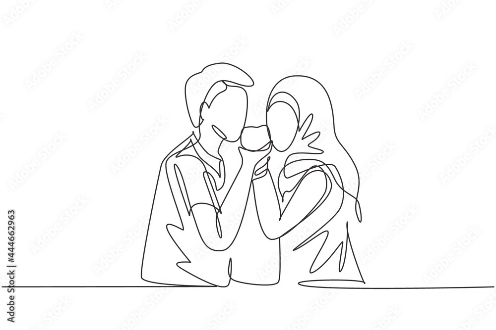 Continuous one line drawing young Arabian couple sharing apple. Celebrate wedding anniversaries and enjoy romantic lunch at modern restaurant. Single line draw design vector graphic illustration Continuous one line drawing young Arabian couple sharing apple. Celebrate wedding anniversaries and enjoy romantic lunch at modern restaurant. Single line draw design vector graphic illustration