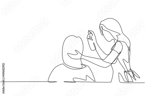 Continuous one line drawing female hairdresser styling customers hair at salon. Woman barber beautician. Hairstylist or hair style beauty concept. Single line draw design vector graphic illustration