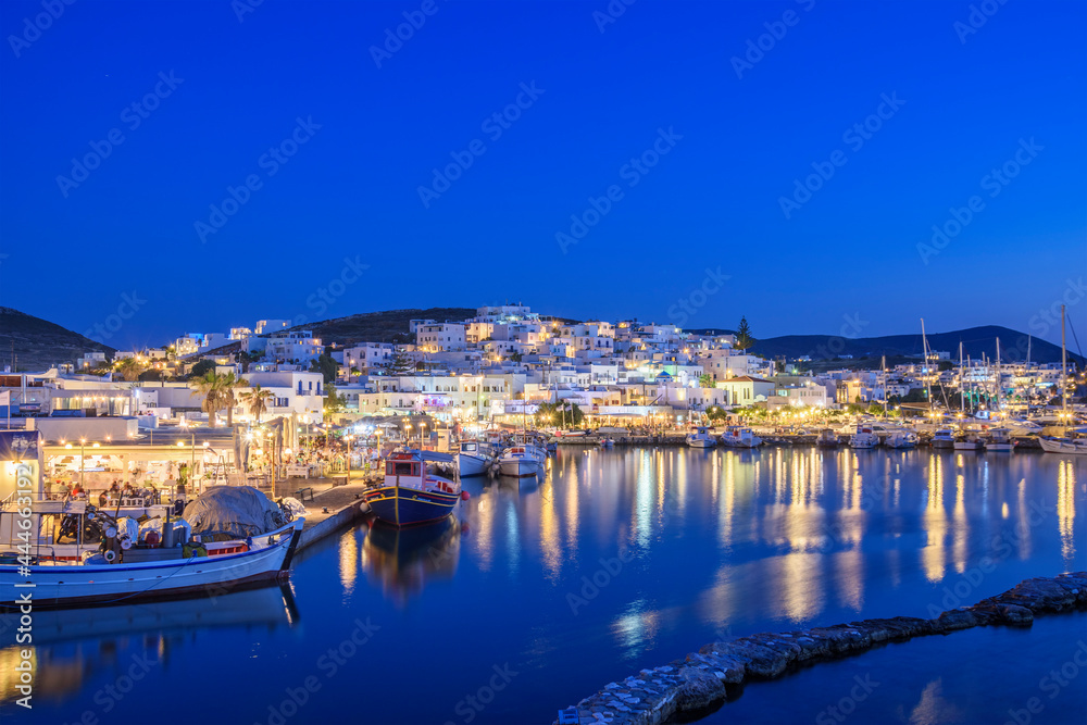 Iconic view from the picturesque seaside village of Naousa on the island of Paros, Cyclades, Greece, during summer period