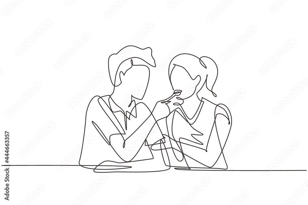 Single continuous line drawing romantic man feeds his wife. Happy young couple having dinner together at restaurant. Celebrate wedding anniversaries. One line draw graphic design vector illustration