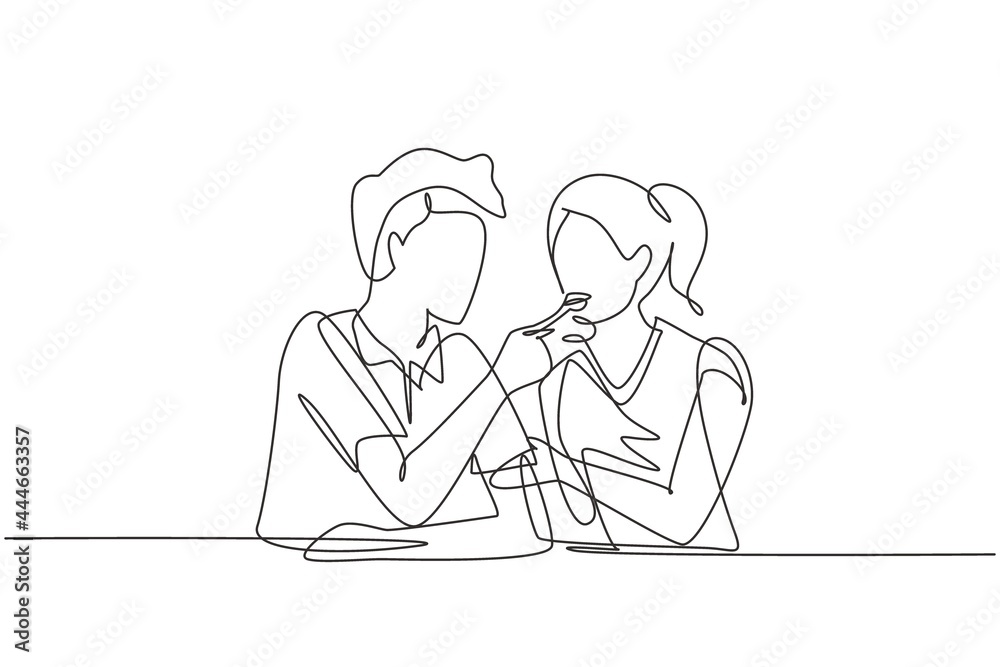 Single continuous line drawing romantic man feeds his wife. Happy young couple having dinner together at restaurant. Celebrate wedding anniversaries. One line draw graphic design vector illustration Single continuous line drawing romantic man feeds his wife. Happy young couple having dinner together at restaurant. Celebrate wedding anniversaries. One line draw graphic design vector illustration
