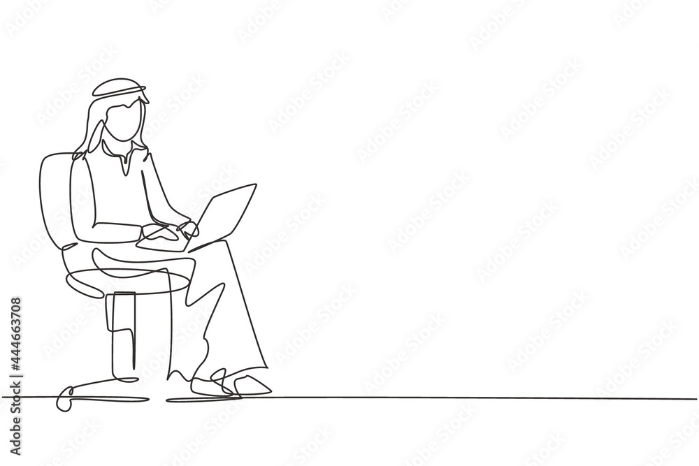 Single continuous line drawing Arab male with laptop sitting on the chair. Freelance, distance learning, online courses, and studying concept. Dynamic one line draw graphic design vector illustration