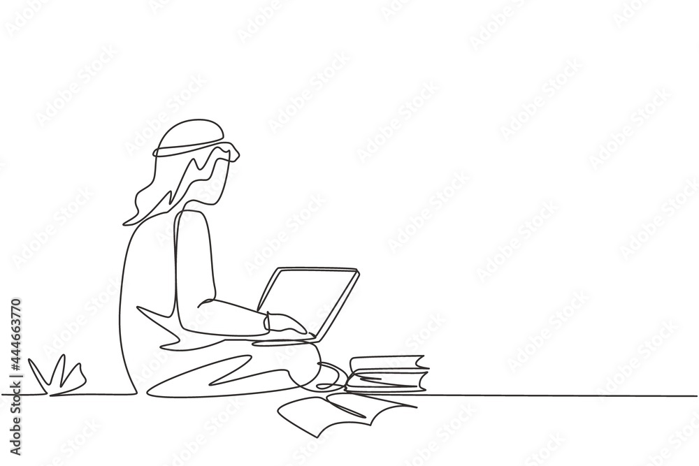 Continuous one line drawing Arabian male students studying with laptop, pile of books and sitting at the park. Back to school, online education. Single line draw design vector graphic illustration Continuous one line drawing Arabian male students studying with laptop, pile of books and sitting at the park. Back to school, online education. Single line draw design vector graphic illustration