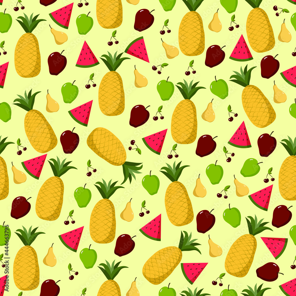 Summer seamless pattern tropical fruits. Watermelon, pineapple, apples, cherry. Summertime