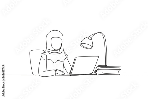 Single continuous line drawing Arabian girl studying with laptop and study lamp sitting on chair around desk. Back to school, online education concept. One line draw graphic design vector illustration
