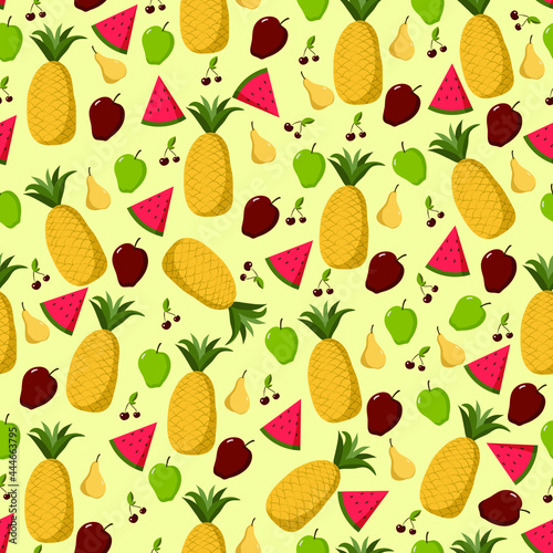 Summer seamless pattern tropical fruits. Watermelon, pineapple, apples, cherry. Summertime