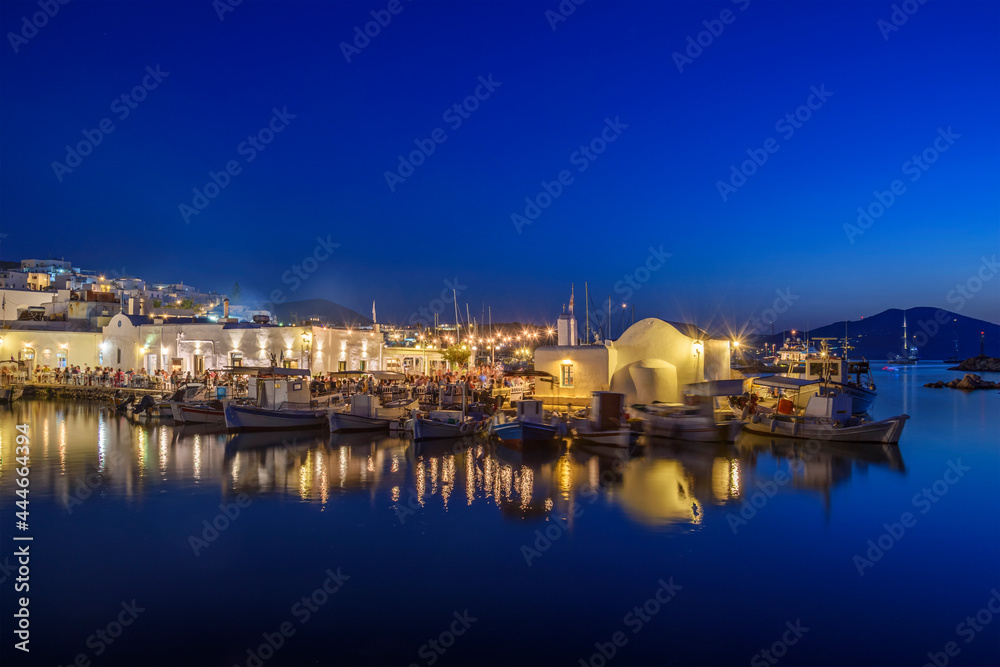 Iconic view from the picturesque seaside village of Naousa in the island of Paros, Cyclades, Greece, during summer period