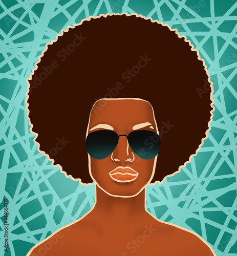 Portrait of a young black brutal man in glasses with a traditional hairstyle on an azure bright background. 2D illustration. Hand-drawn digital illustration. photo
