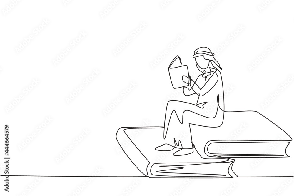 Single one line drawing young Arab student male reading, learning and sitting on big books. Study in library. Literature fans or lovers. Modern continuous line draw design graphic vector illustration Single one line drawing young Arab student male reading, learning and sitting on big books. Study in library. Literature fans or lovers. Modern continuous line draw design graphic vector illustration