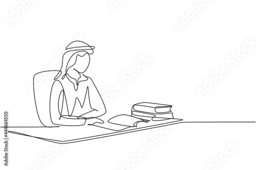 Continuous one line drawing young Arab male reading, learning and sitting on chair around table. Study in library. Smart student, education concept. Single line draw design vector graphic illustration