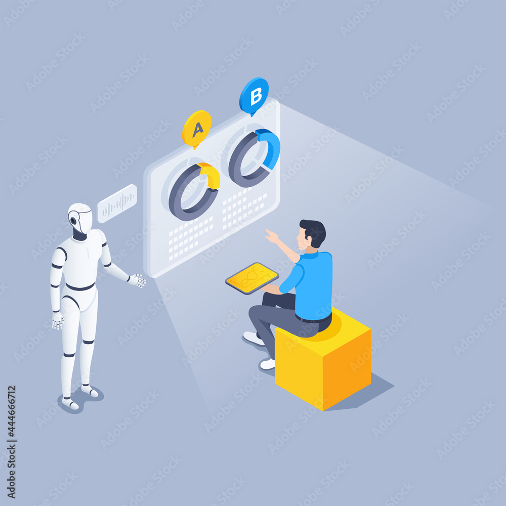 isometric vector illustration on gray background, robot next to data screen and man with tablet sitting on yellow cube, virtual data and work with artificial intelligence