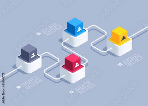 isometric vector illustration on gray background, connected sequentially four cubes with human icon, infographics step by step