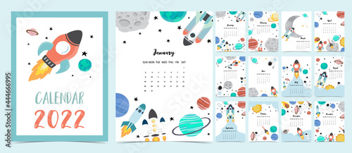 2022 table calendar week start on Sunday with astronaut and galaxy that use for vertical digital and printable A4 A5 size