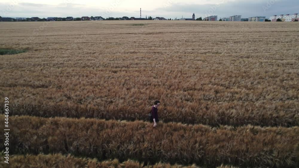 A man walking through a field near the city in the evening A man walking through a field near the city in the evening