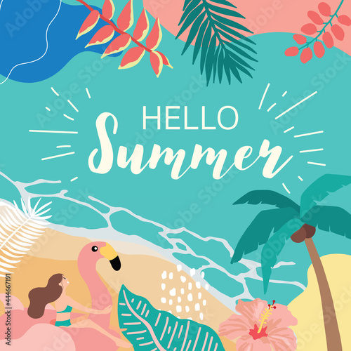 Summer background with coconut tree, sea ,people on the beach