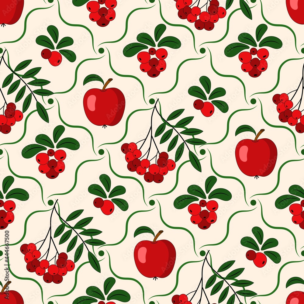 Seamless pattern with cowberries, apples, rowan in diagonal wavy grid Good for kitchen, home decoration Seamless pattern with cowberries, apples, rowan in diagonal wavy grid Good for kitchen, home decoration