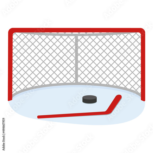 Hockey goal with a stick and a puck, color vector illustration in the cartoon style