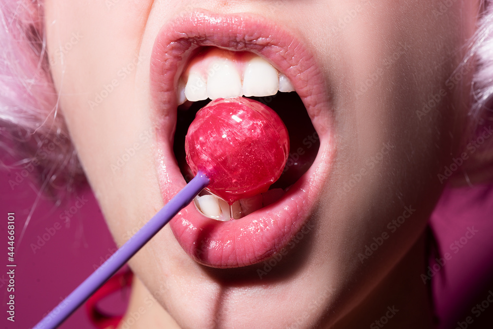 Sexual lips with candy, sexy sweet dreams. Female mouth licks chupa chups,  sucks lollipop. Stock Photo | Adobe Stock