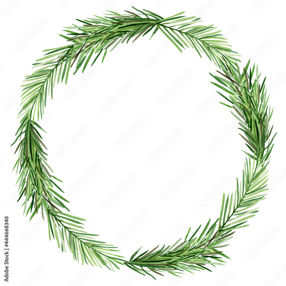 Christmas wreath of fir branches watercolor. Template for decorating designs and illustrations.