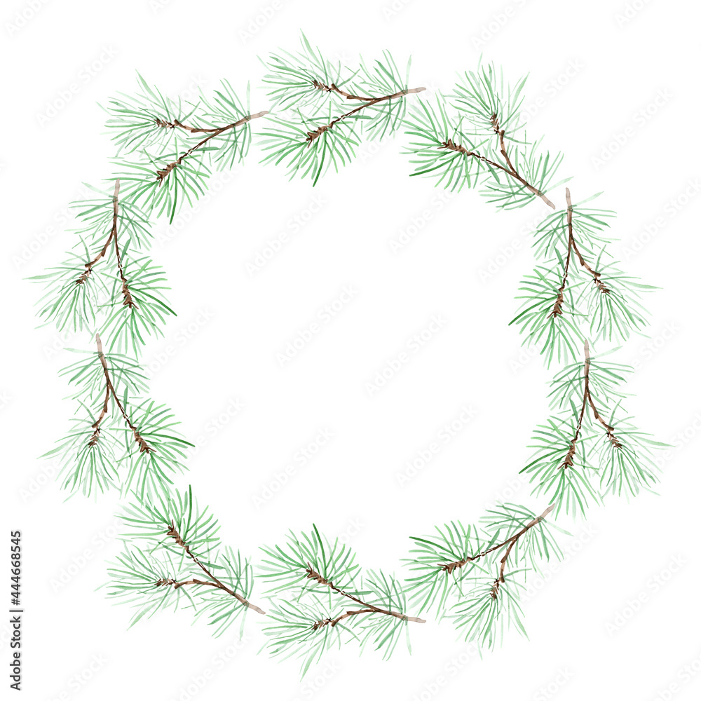 Wreath frame from pine branches watercolor seamless pattern. Template for decorating designs and illustrations.