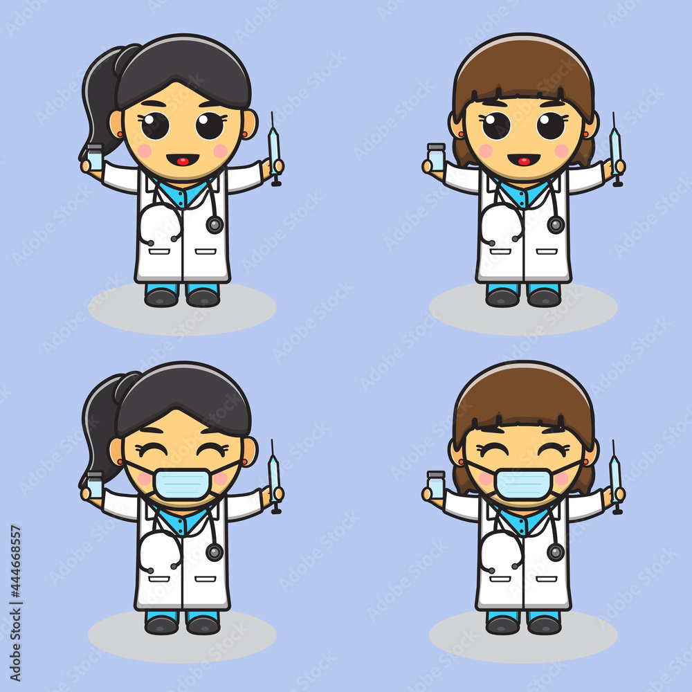 Cute little Female doctor with vaccine. Adorable kids doctor set. vector illustrations.