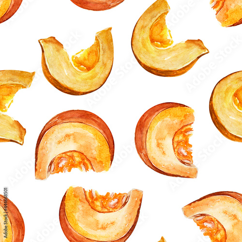 Pumpkin slices watercolor seamless pattern. Template for decorating designs and illustrations. 