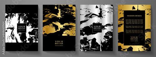 Modern cover, frame design set. Creative premium art pattern with gold, silver grunge paint drop on black background. Luxury artistic vector collection for music flyer, poster, brochure template