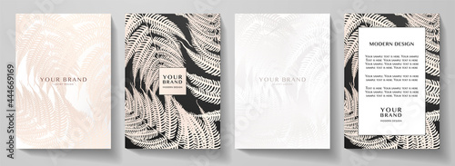 Tropical cover, frame design set with pink leaf (fern) print on black background. Holiday exotic vector pattern for wedding card, luxury menu template, summer holiday poster