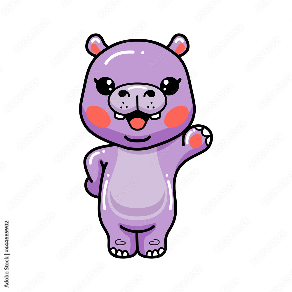 Naklejka premium Cute baby hippo cartoon waving hand