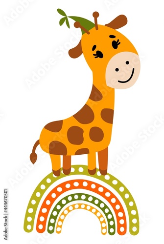 Cute hand-drawn giraffe on the rainbow. Illustration for nursery decoration. White background, isolate. Vector illustration.