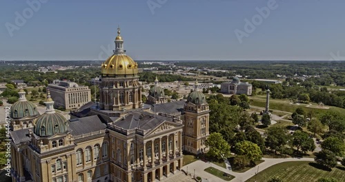 Des Moines Iowa Aerial fly past of the Capitol building including Soldiers and Sailors Monument, Korean War Memorial - 6k professional footage - August 2020 photo