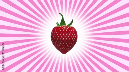 Juicy sweet strawberry on a background of rotating rays. Abstract background. Seamless looping