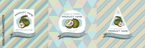 Three colored labels with illustration of soursop