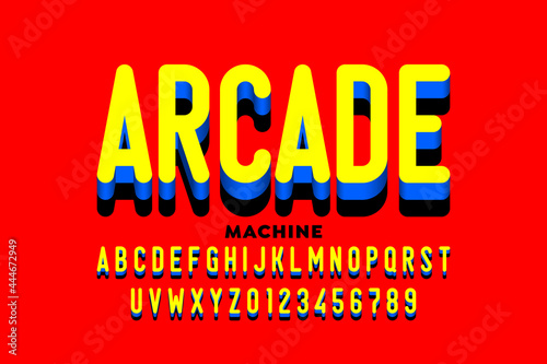 Arcade machine game style font, alphabet letters and numbers vector illustration