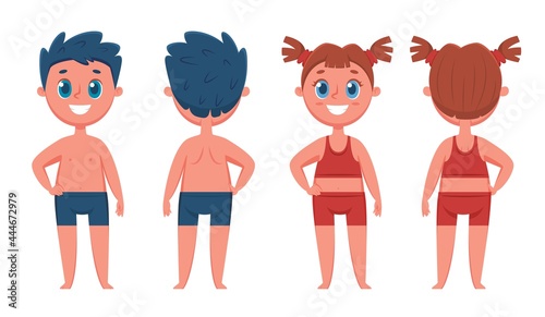 Boy and girl. Happy kids from front and back views. Cartoon children in underwear or swimsuit. Child human body template for education vector set. Elementary school or preschool learning