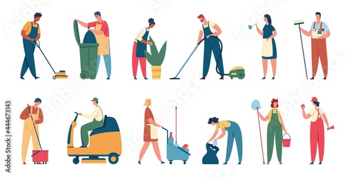 Cleaning service workers. Professional cleaner clean office or house with equipment. Housekeeping services, domestic cleaners, janitors vector set. Company employees with detergents and tools
