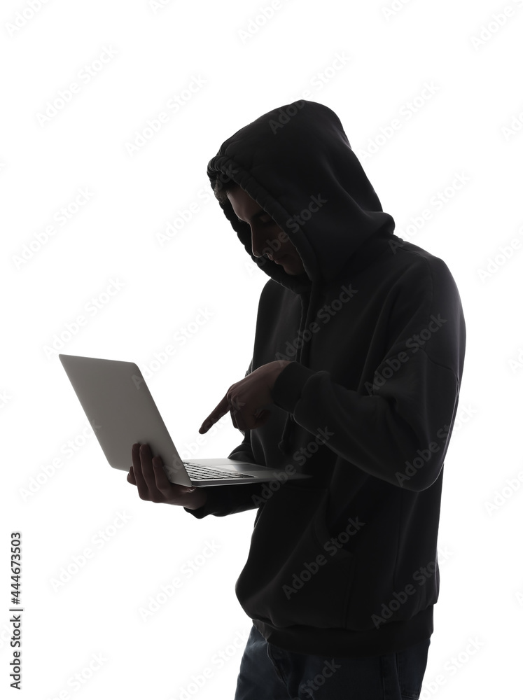 Silhouette of hacker with laptop on white background Silhouette of hacker with laptop on white background