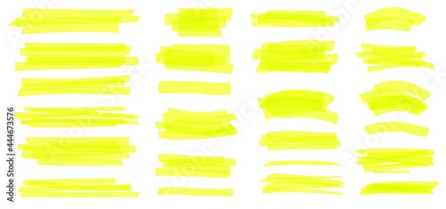 Highlighter line. Yellow marker strokes, lines, frames. Hand drawn highlighters pens scribble, text highlight or underline vector set. Bright permanent elements isolated on white collection