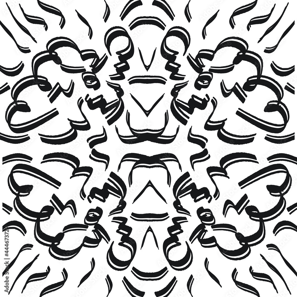Obraz premium Black paint brush strokes vector seamless pattern. Hand drawn curved and wavy lines with grunge circles. brush scribbles decorative texture. Messy doodles, bold curvy lines illustration.