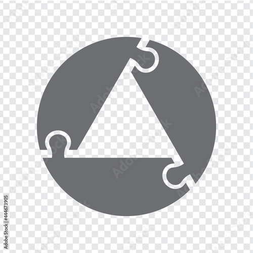Simple icon puzzles in gray. Simple icon circle puzzle of the three elements and triangle center on transparent background for your web site design, app, UI. EPS10.