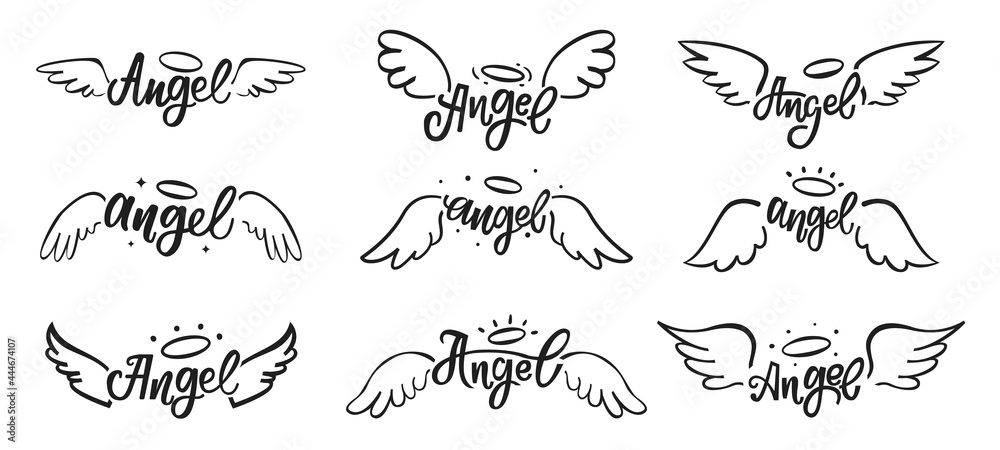 Hand drawn angel wings doodles. Holy angelic wing feathers tattoo with ...