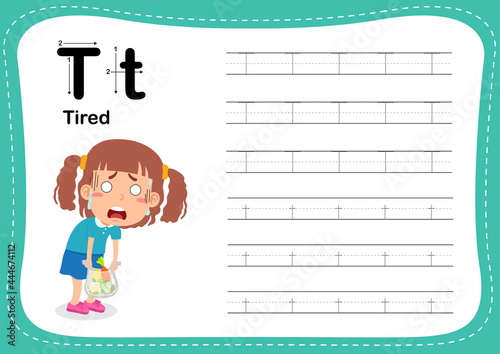 Alphabet Letter T - Tired exercise with cut girl vocabulary illustration, vector