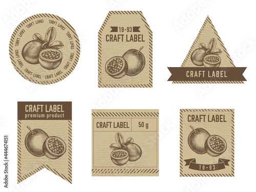 Craft labels vintage design with illustration of passion fruit