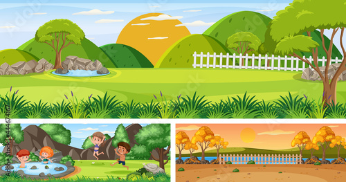 Set of outdoor panoramic landscape with cartoon character
