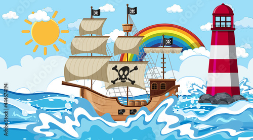 Ocean scene at day time with Pirate ship in cartoon style