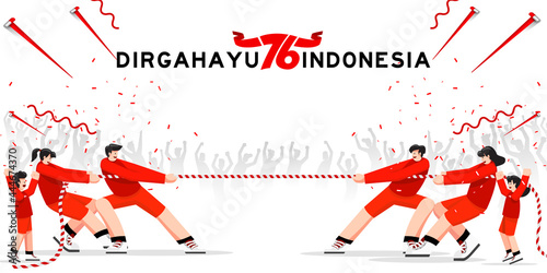 Indonesia traditional special games during independence day, Family, kids tug of war together with joy