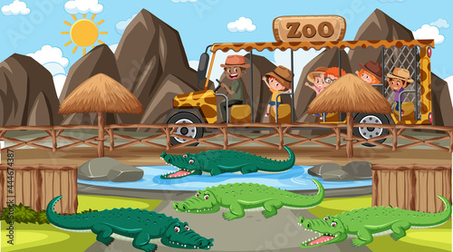 Safari at day time scene with many kids watching alligator group