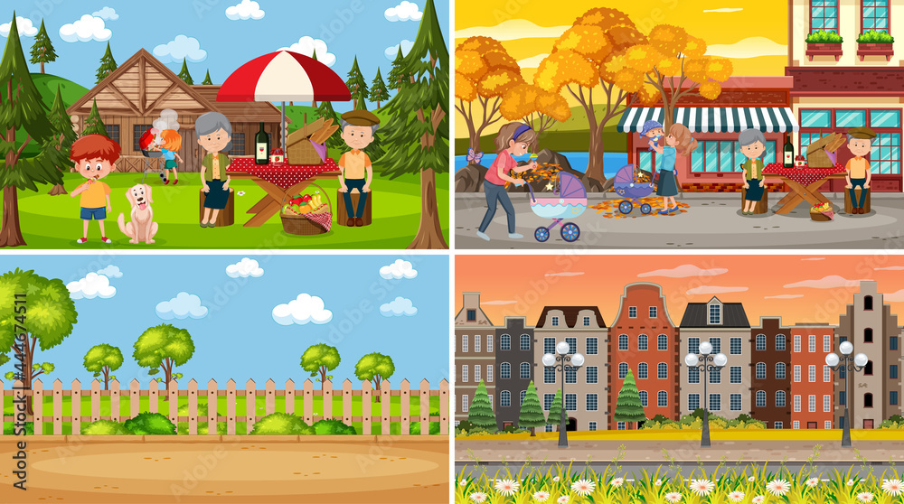 Set of different nature scenes background in cartoon style